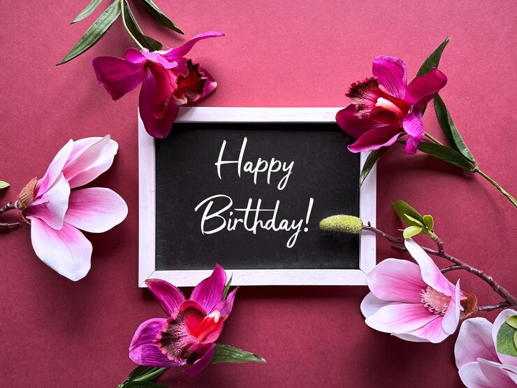 Happy Birthday Message on Chalkboard Surrounded by Vibrant Tropical Flowers on a Pink Background