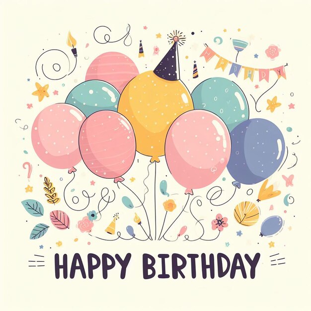 Happy birthday text vector design Ballone di compleanno ed elementi di confetti per una festa colorata