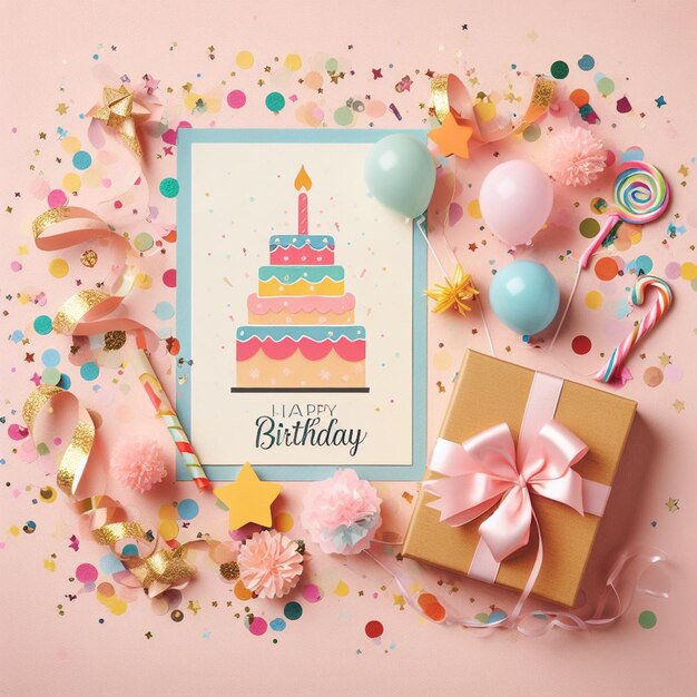 Happy birthday text vector design Ballone di compleanno ed elementi di confetti per una festa colorata