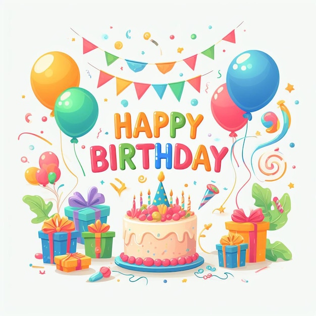 Happy birthday text vector design Ballone di compleanno ed elementi di confetti per una festa colorata