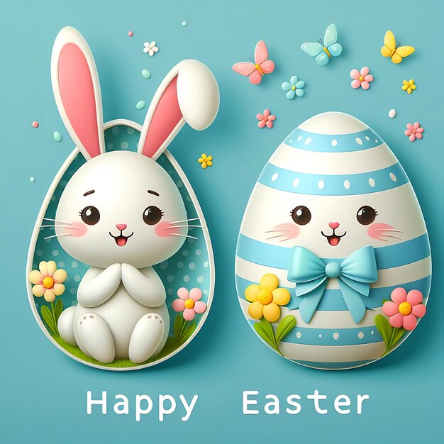 Happy Bunny con uovo di Pasqua su sfondo blu per il design decorativo generativo di ai