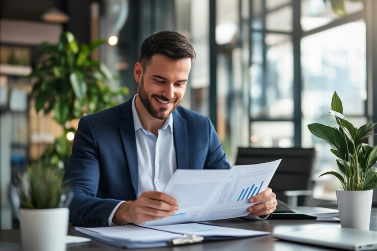 Happy businessman reviewing documents at a bright