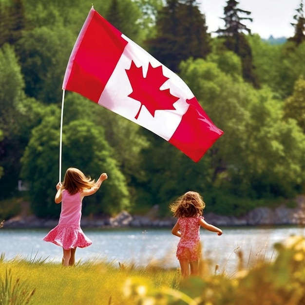 Happy Canada Day Due giovani ragazze che corrono sulla spiaggia con una bandiera canadese