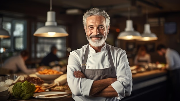 Happy Chef un uomo adulto di un grande ristorante sorridente in una cucina moderna