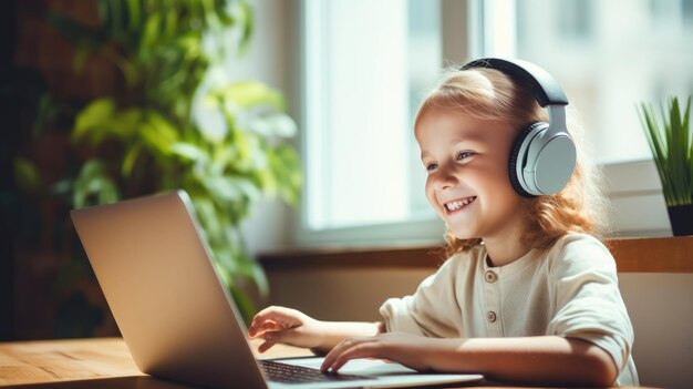 Happy Child ELearning a casa Laptop e cuffie per il lavoro scolastico a distanza