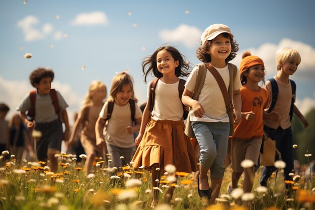 Happy Children Day con bambini gioiosi che giocano e imparano insiemeGenerato con l'AI