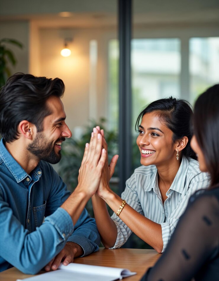Happy diverse business team high fiving celebrando il successo lavoro di squadra collaborazione raggiungimento degli obiettivi diversità al lavoro ufficio riunioni uomini d'affari colleghi partnership aziendali colleghi di lavoro supporto