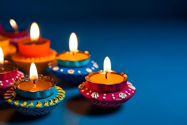 Happy Diwali Clay Lampade Diya accese su sfondo blu durante la celebrazione del Diwali Rete neurale generata nel maggio 2023 Non basata su alcuna scena o modello reale