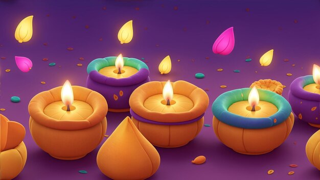 Happy Diwali Coloroso sfondo decorato con lampada a candela e Diya per banner e biglietto di auguri