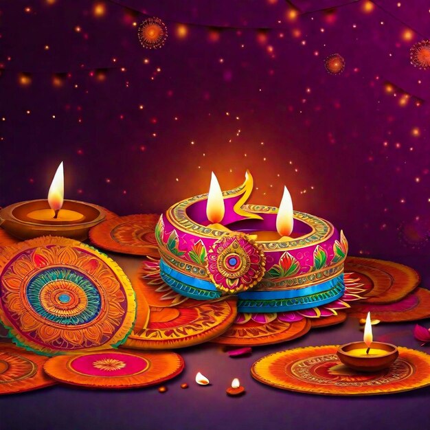 Happy Diwali festival delle luci design modello banner colorato con lampada decorativa diya vettoriale