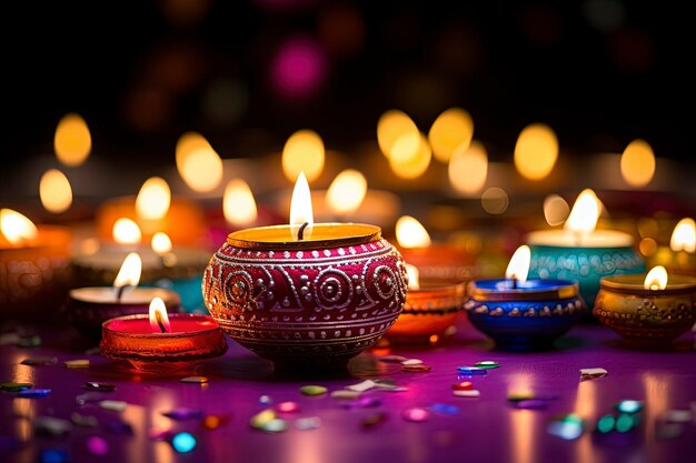 Happy Diwali festival di luci sfondo colorato con lampada decorativa Diya e Rangoli