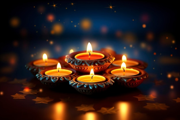 Happy Diwali greeting card design utilizzando belle lampade Clay diya accese la notte di Diwali Celebrazione