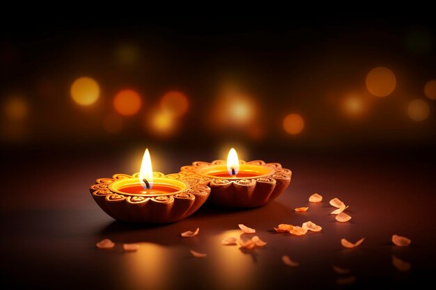 Happy Diwali greeting card design utilizzando belle lampade Clay diya accese la notte di Diwali Celebrazione