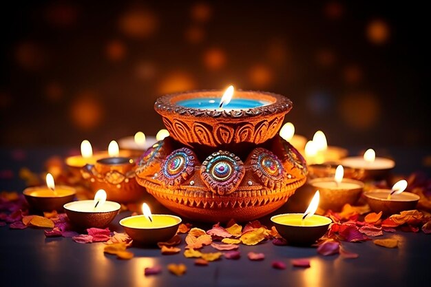 Happy Diwali greeting card design utilizzando belle lampade Clay diya accese la notte di Diwali Celebrazione