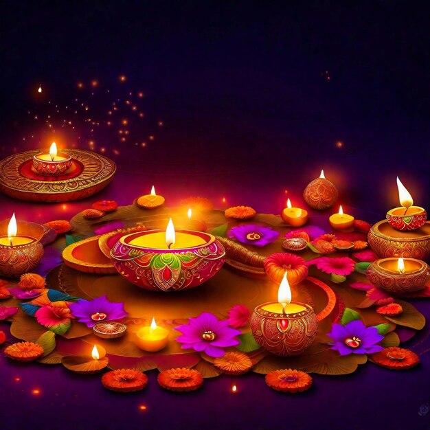 Happy Diwali Lampada a olio poligonale indiana Diya con cornice a bordo rotondo su tema festivo indiano