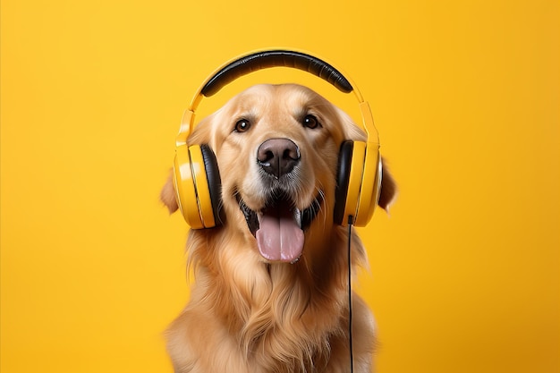 Happy DJ cane Labrador Retriever con le cuffie ascolta musica su sfondo giallo con spazio per il testo