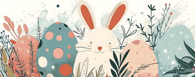 Happy Easter banner Trendy Easter design con tipografia dipinta a mano tratti e punti uova e coniglietto in colori pastello stile minimalista moderno
