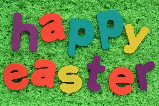 Happy Easter colored lettering on green grass background. Holiday spring composition concept. Creati