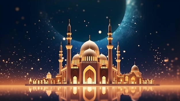 Happy Eid ulFitr Mubarak Illustrazione di sfondo con immagini di moschee antenne lunari e altri