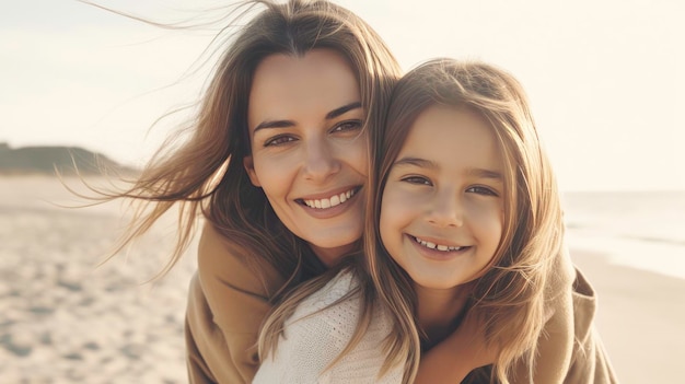 Happy Family Time on the Beach Madre e figlia Sorridenti AI Generato