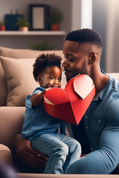 Happy Fathers day Figlio di bambino afroamericano che dà carta da cartolina cuore fatto in casa e confezione regalo a papà