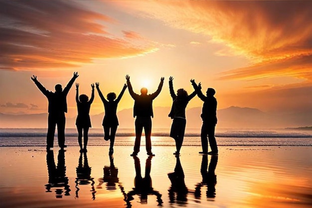 Happy Friendship Day Foto sagome di più amici e saltando e alzando le mani con la spiaggia del mare