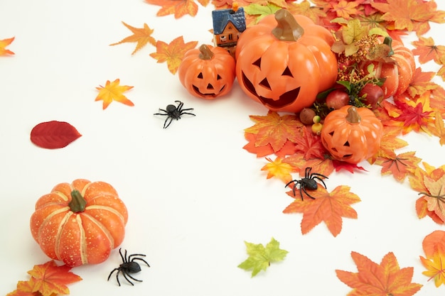 Happy Halloween decora zucca e Jack o Lanterns con foglie d'autunno