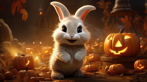 Happy Halloween Simpatico coniglio bianco e zucche su sfondo scuro