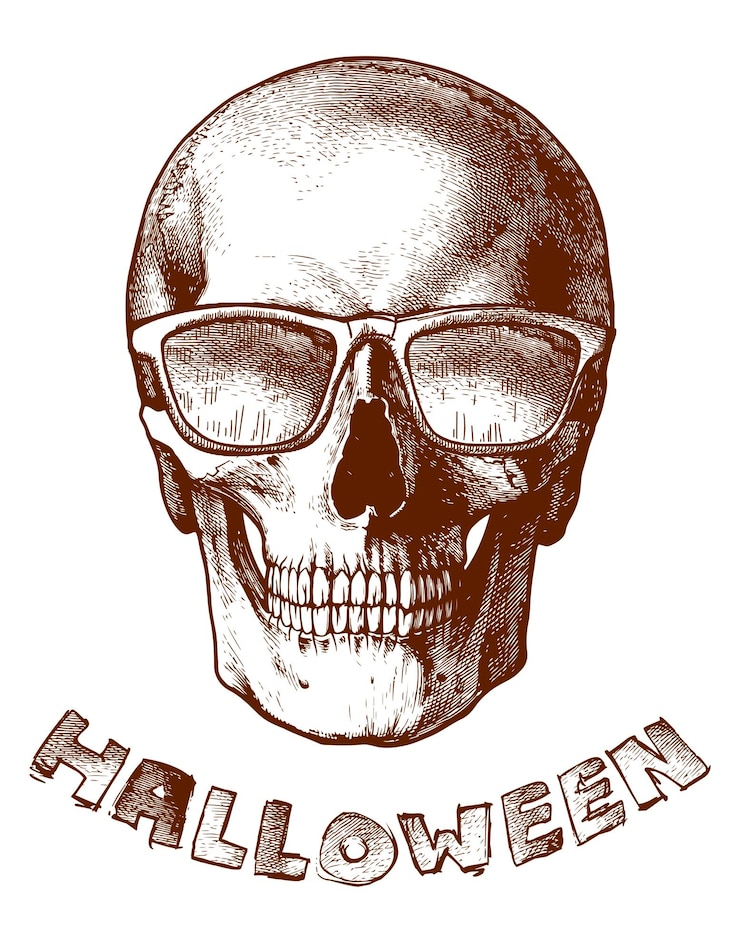 Photo happy halloween skull in sunglasses on a white background close up