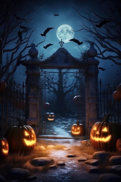 Happy halloween zucche intorno al percorso verso il cimitero nella notte di luna piena e pipistrelli volanti