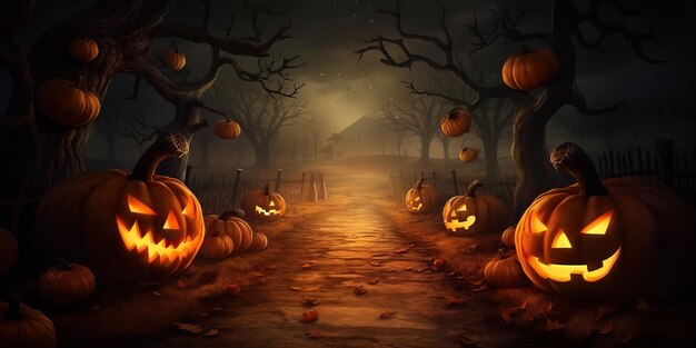 Happy halloween zucche intorno al percorso verso il cimitero nella notte di luna piena e pipistrelli volanti