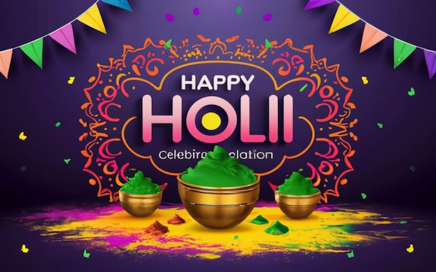 Happy Holi 3d poster tipografia vettore