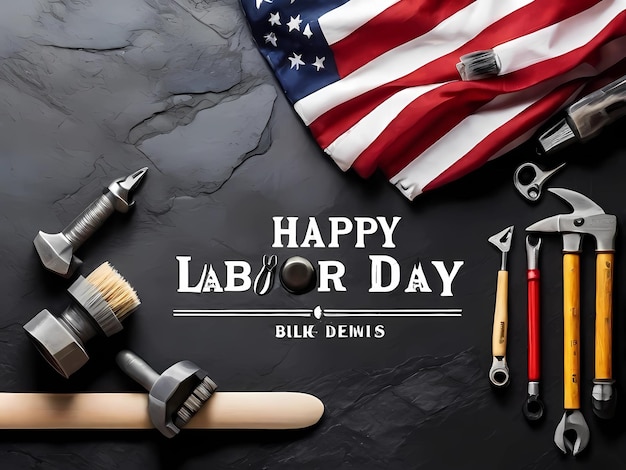 Happy Labor Day concetto bandiera americana con diversi strumenti di costruzione su sfondo di pietra scura