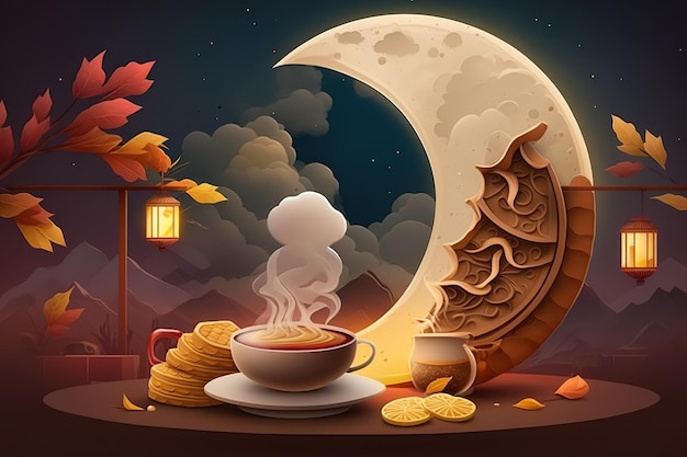 Happy Mooncake Festival Mid Autumn Festival banner scenario di luna piena che appare dal tè caldo fumante