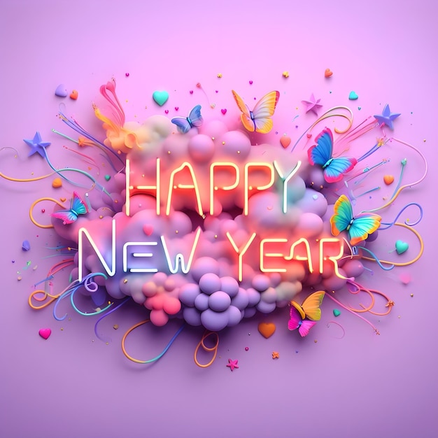 HAPPY NEW YEAR citazione scritta sullo sfondo piccoli tocchi colorati di 3D