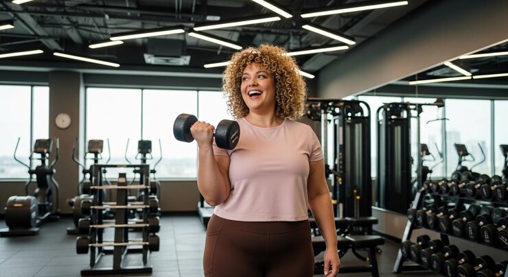 Happy plus size woman lifting a dumbbell in the gym