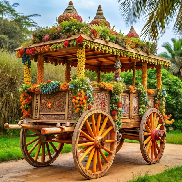Happy rath yatra carro tradizionale naturale fatto a mano fatto materila con fiori e wodden