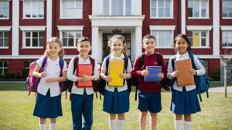 Happy school children holding stationery in front of school building