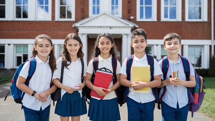 Happy school children holding stationery in front of school building
