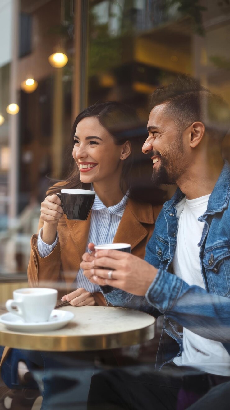 Happy smiling couple is sitting in cafe and looking through the window while enjoying their coffee