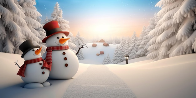 Happy Snowman Banner Buon Natale Felice Anno Nuovo biglietto di auguri sfondo Copia spazio AI generativa
