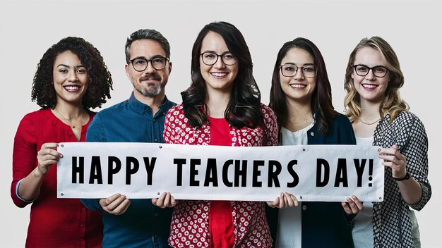 HAPPY TEACHERS DAY gruppo di insegnanti con uno striscione Happy Teachers Day Generative ai