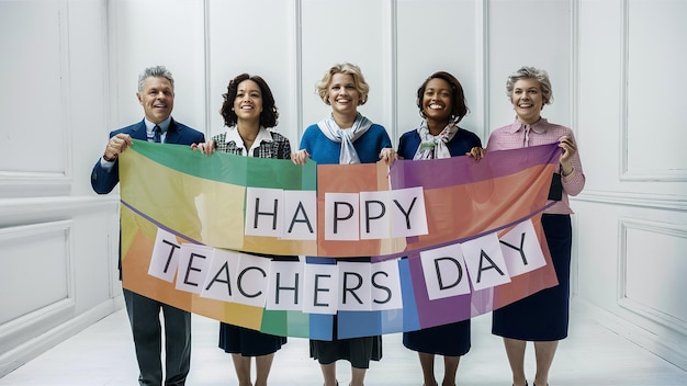HAPPY TEACHERS DAY gruppo di insegnanti con uno striscione Happy Teachers Day Generative ai