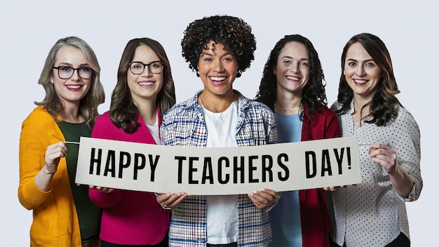 HAPPY TEACHERS DAY gruppo di insegnanti con uno striscione Happy Teachers Day Generative ai