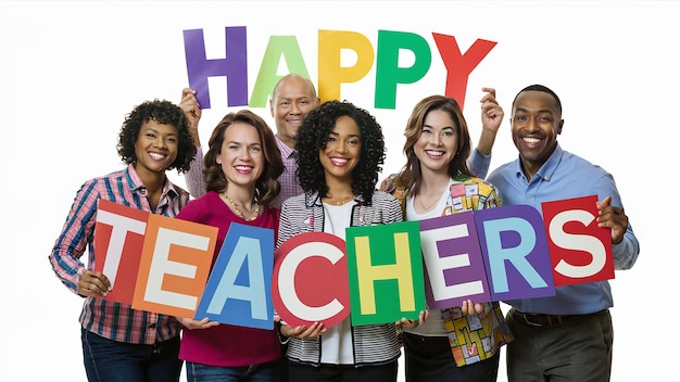 HAPPY TEACHERS DAY gruppo di insegnanti con uno striscione Happy Teachers Day Generative ai