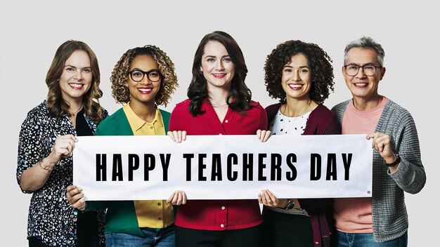 HAPPY TEACHERS DAY gruppo di insegnanti con uno striscione Happy Teachers Day Generative ai