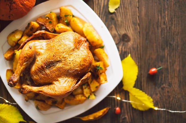 Happy Thanksgiving Composizione autunnale con foglie di zucca matura e tacchino del Ringraziamento su un tavolo di legno scuro Vista dall'alto