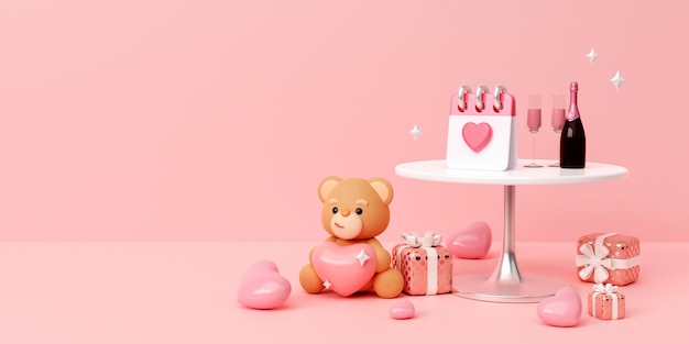Happy valentine orsacchiotto con cuori rosa anniversario regalo romantico d render illustrazione