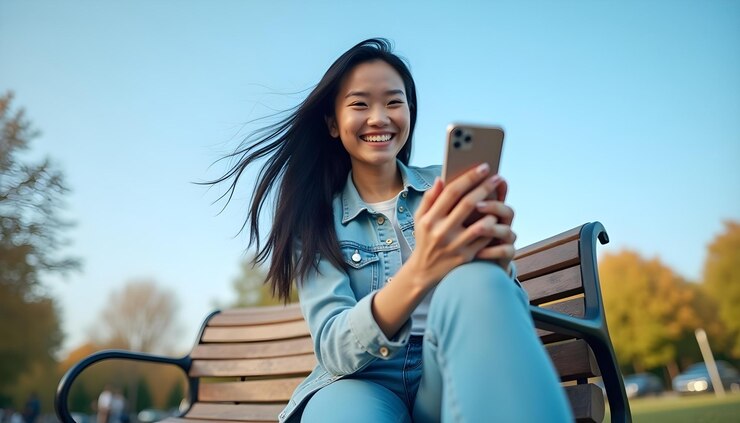 Happy Young Woman Using Smartphone Outdoors