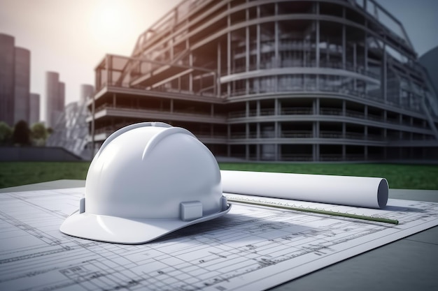 Hard hat e progetto con sfondo dell'edificio